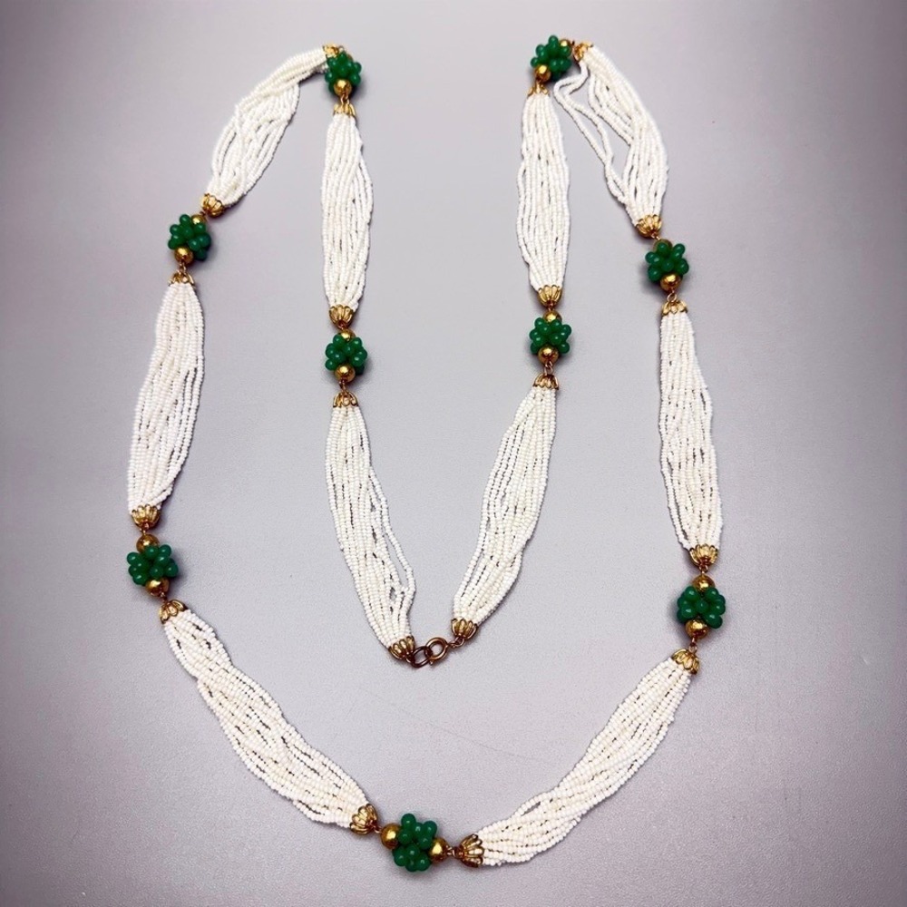 Vintage‎ Multi-Strand White Seed Bead Green Cluster Necklace 52" Opera Flapper